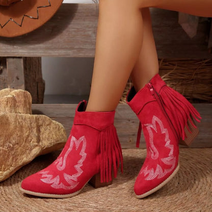 Fringe Point Toe Block Heels Boots - Tigbul's Variety Fashion Shop