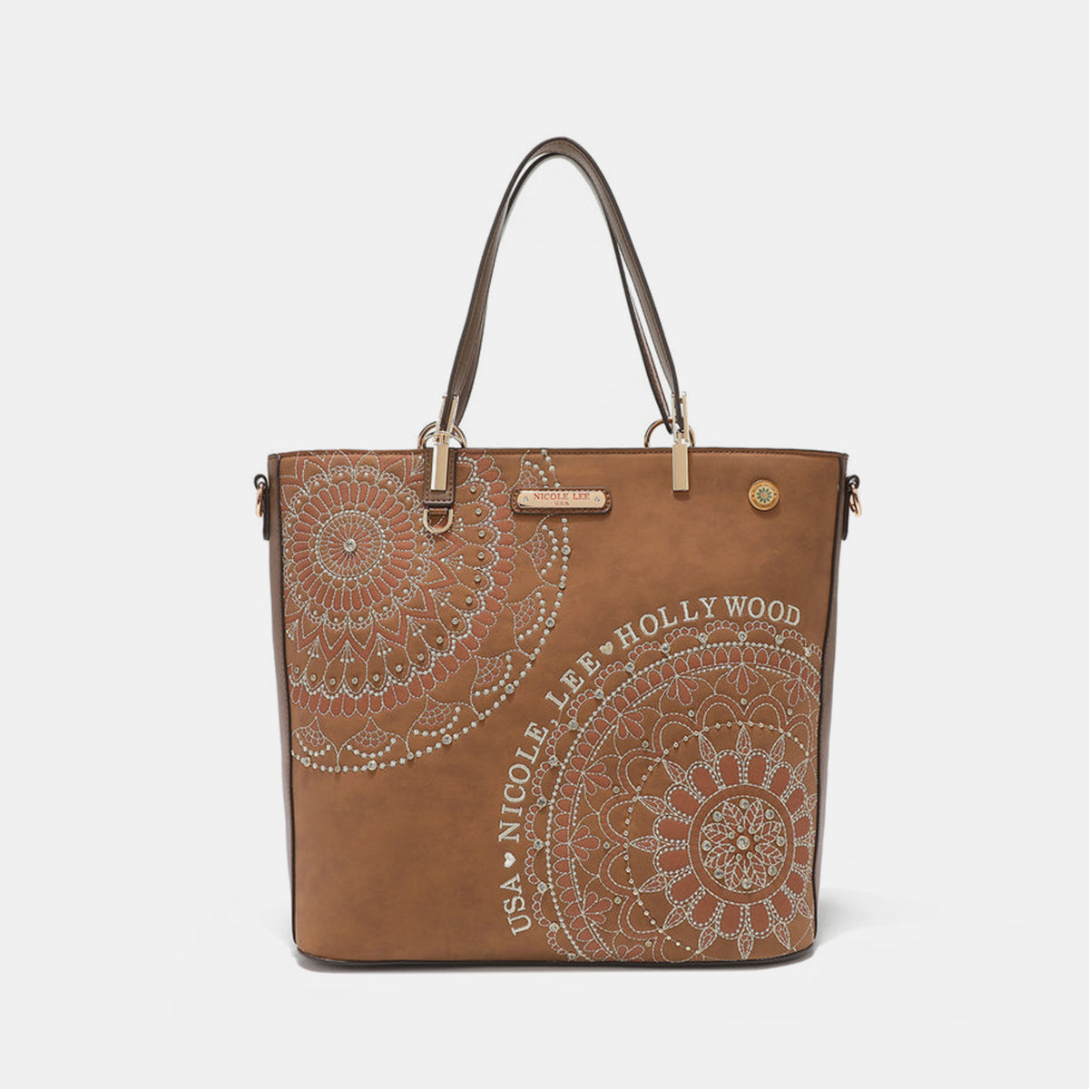 Nicole Lee USA Metallic Stitching Embroidery Inlaid Rhinestone Tote Bag - Tigbul's Variety Fashion Shop