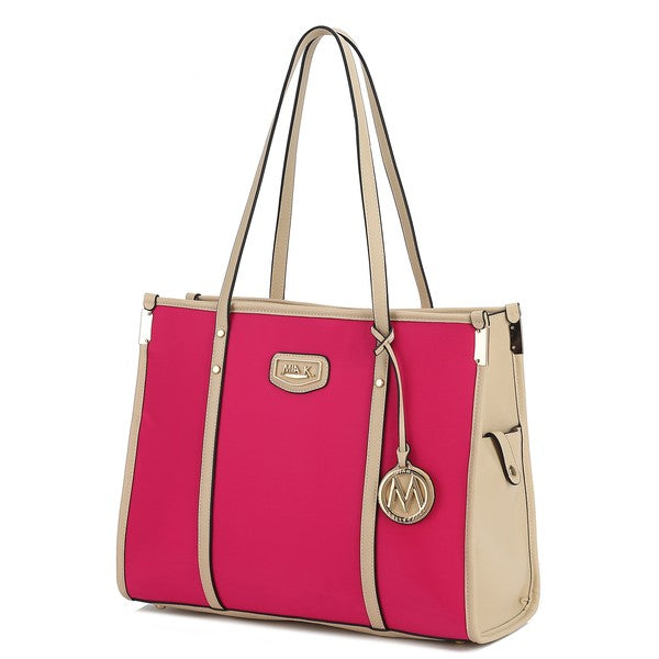 Oversize tote in bright fuchsia with cream trim, long handles, and M charm