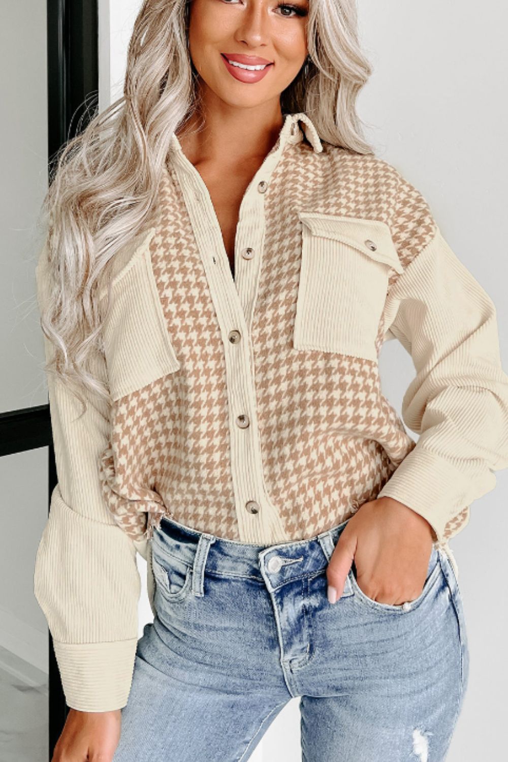 Beige Houndstooth Button Up Long Sleeve Jacket - Tigbul's Variety Fashion Shop