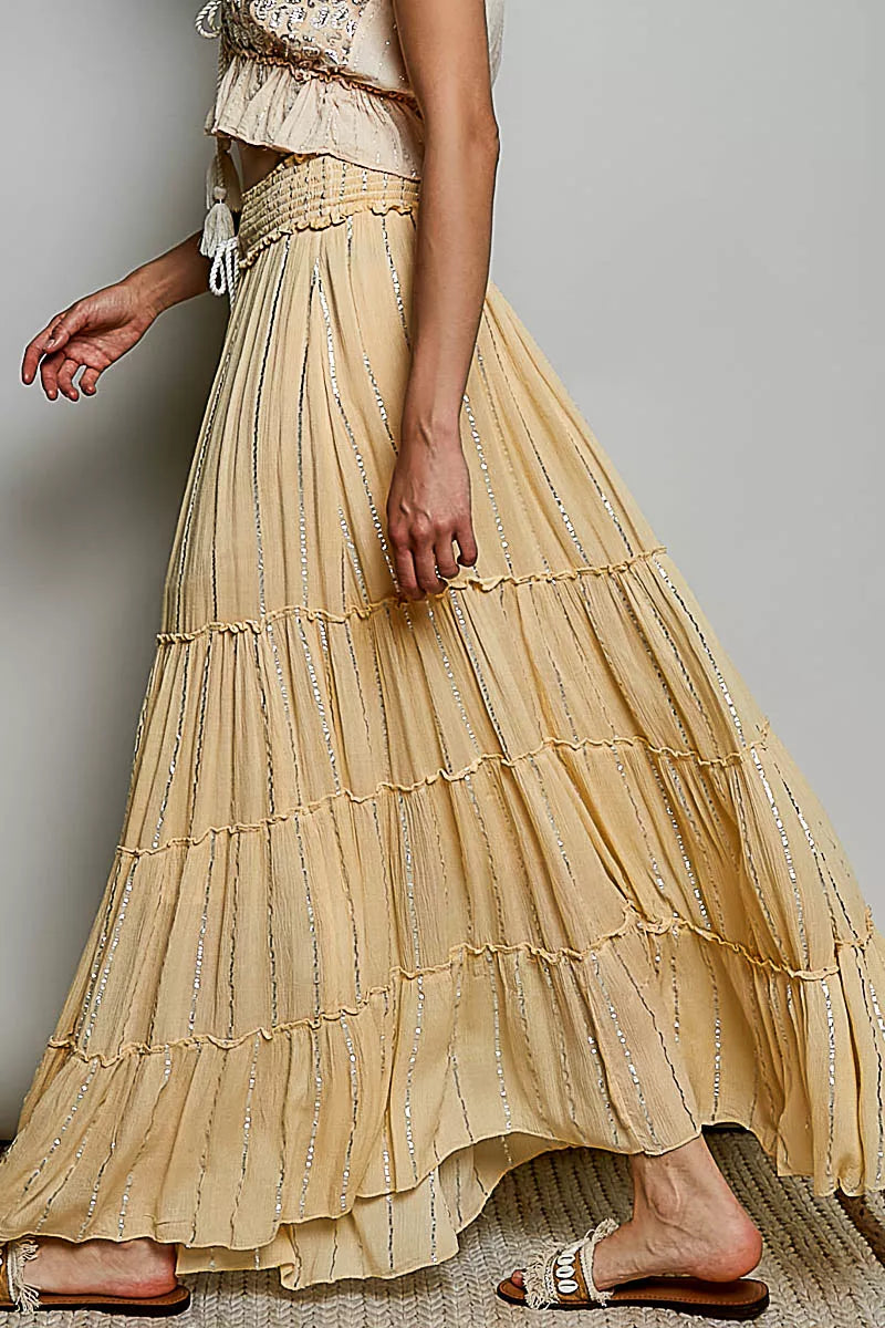 POL Shimmer Tiered Reverse Ruffle Smocked Waist Maxi Skirt | Tigbuls