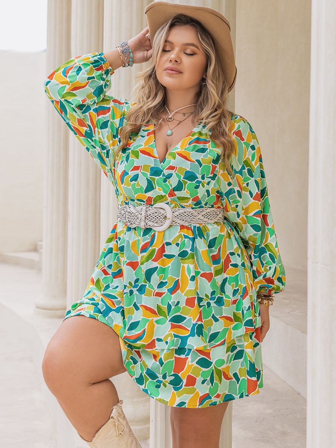 Plus Size Printed Surplice Long Sleeve Mini Dress - Tigbul's Variety Fashion Shop