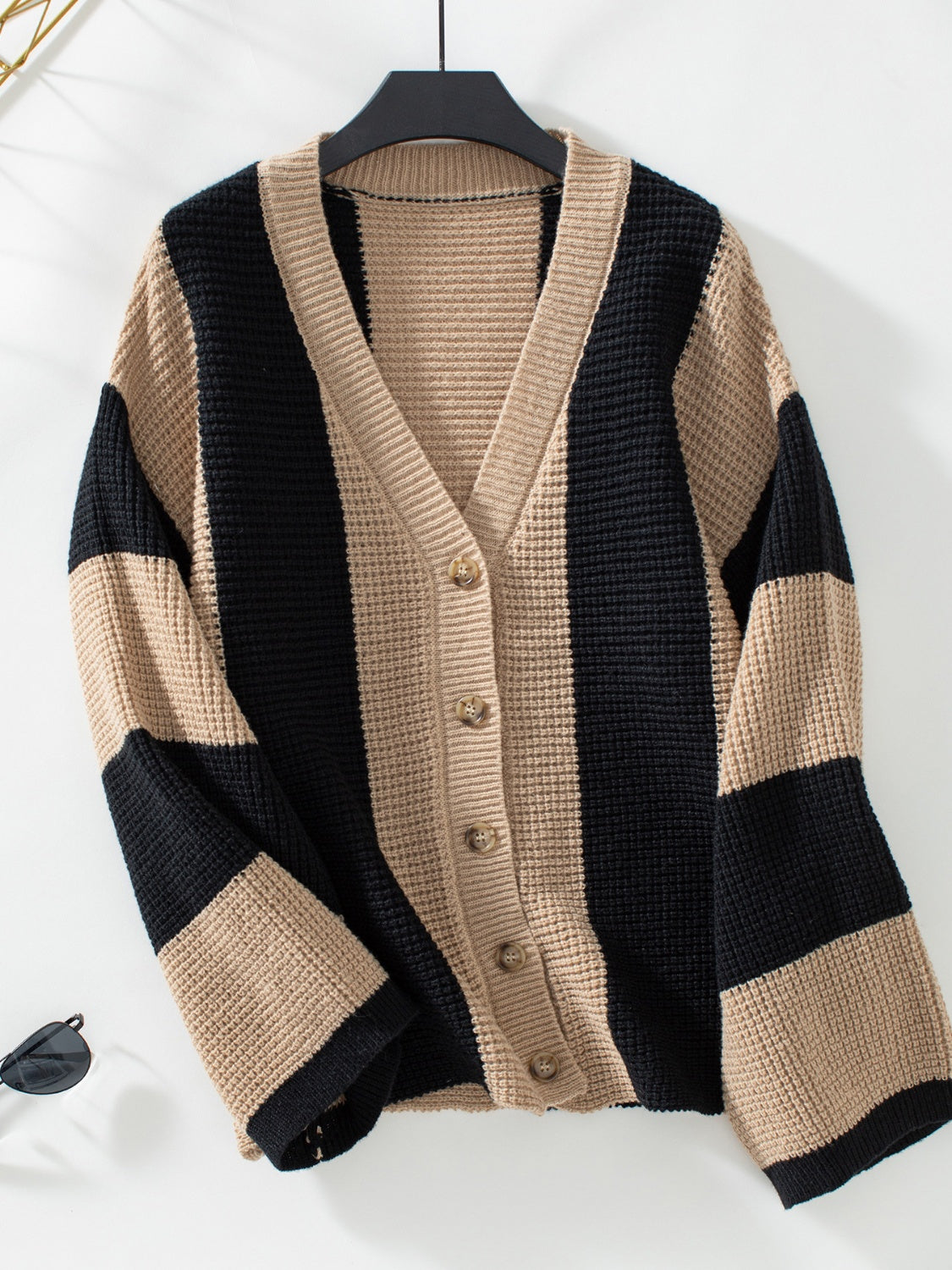 Waffle-Knit V-Neck Striped Long Sleeve Cardigan - Tigbul's Variety Fashion Shop