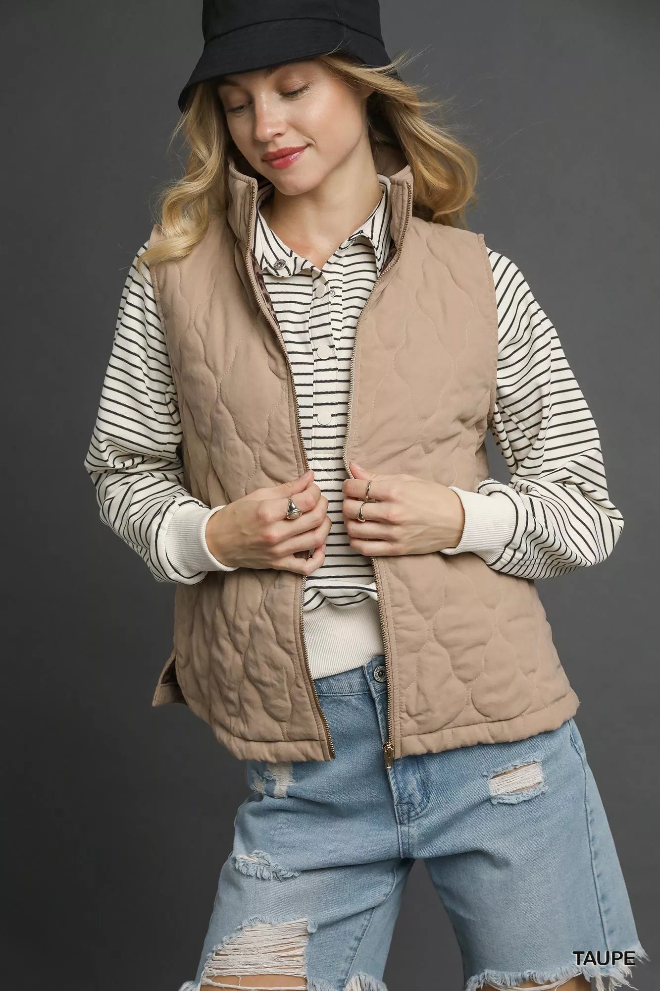 Taupe Color Quilted Zip-Up Vest - Tigbul's Variety Fashion Shop