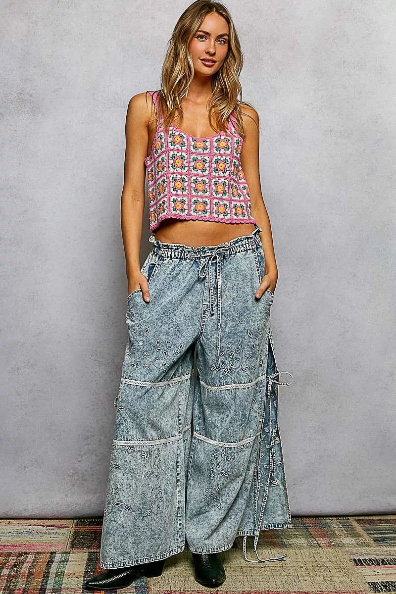 POL Scalloped Edge Cropped Crochet Cami with Granny Square Pattern - Tigbul's Variety Fashion Shop