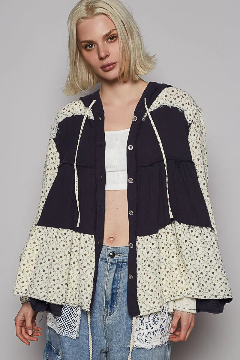 POL Color Block Printed Frayed Hem Hooded Shacket - Tigbul's Variety Fashion Shop