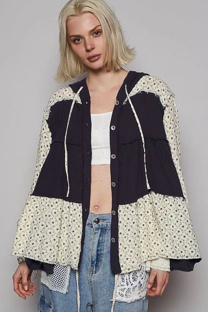 POL Color Block Printed Frayed Hem Hooded Shacket - Tigbul's Variety Fashion Shop