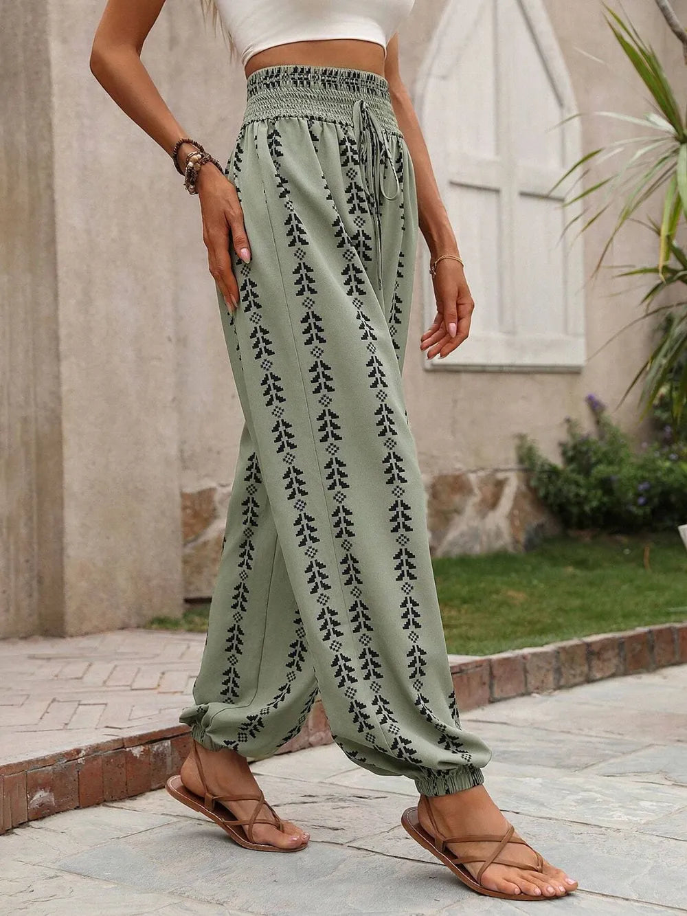 Tied Printed High Waist Pants - Tigbul's Variety Fashion Shop