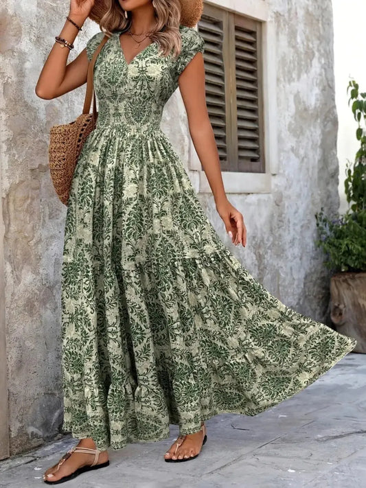Vintage Floral Cap Sleeve Maxi Dress - Tigbul's Variety Fashion Shop