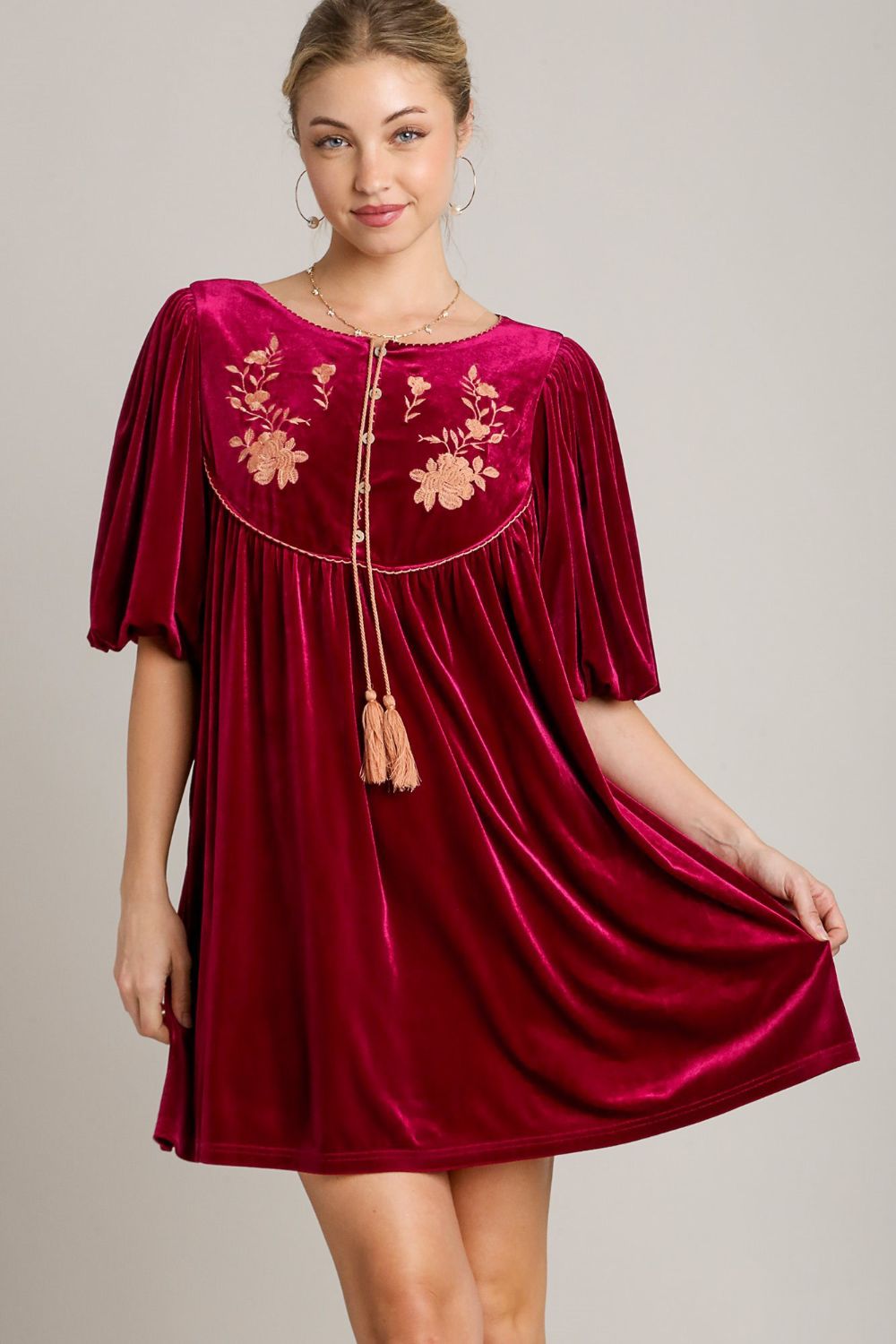 Umgee Embroidered Half Sleeve Velvet Mini Dress with Tassel - Tigbul's Variety Fashion Shop