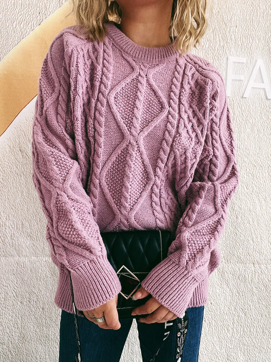 Cable Knit Long Sleeve Sweater - Tigbul's Variety Fashion Shop
