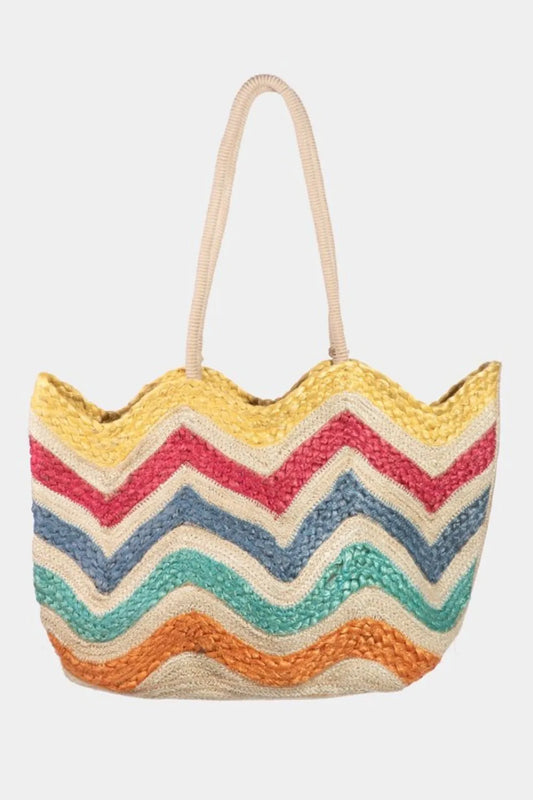 Wavy Rainbow Straw Tote Bag - Tigbul's Variety Fashion Shop