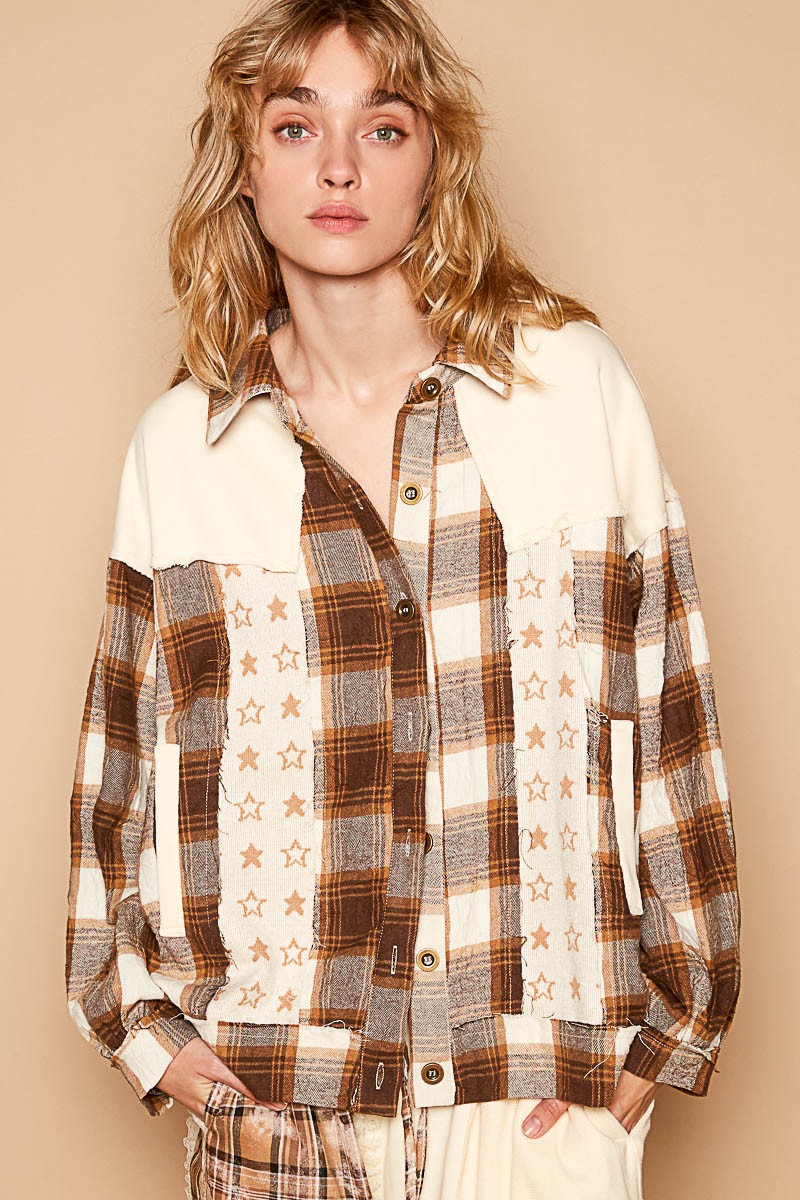 POL Plaid & Star Patchwork Contrast Long Sleeve Shacket - Tigbul's Variety Fashion Shop