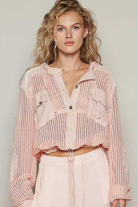 POL Texture Woven Button Down Hooded Shirt with Drawstring Hem - Tigbul's Variety Fashion Shop