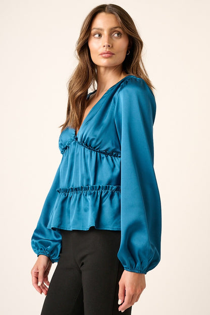 Satin V Neck Ruffled Tier Blouse - Tigbul's Variety Fashion Shop