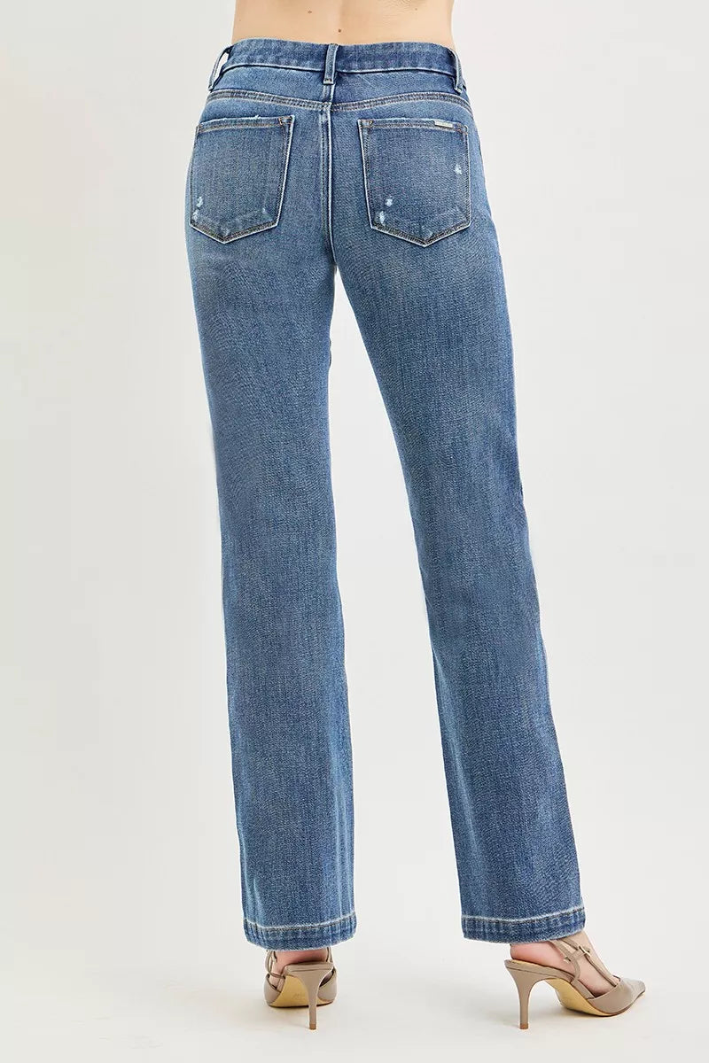 Medium-wash straight jeans back view with belt loops and two back pockets