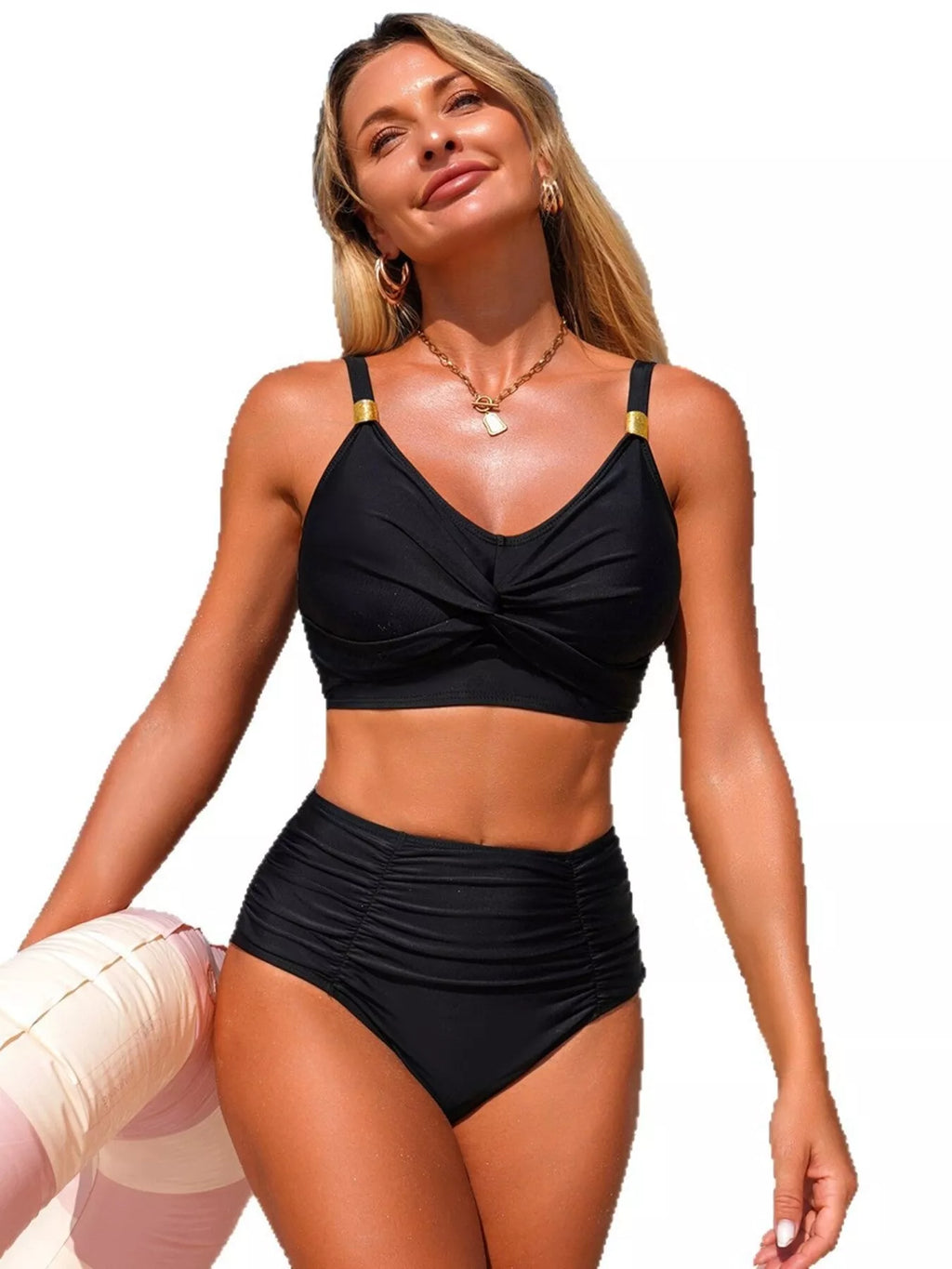 Black twisted-front bikini set with ruched high-waist bottoms and twist-detail bikini top