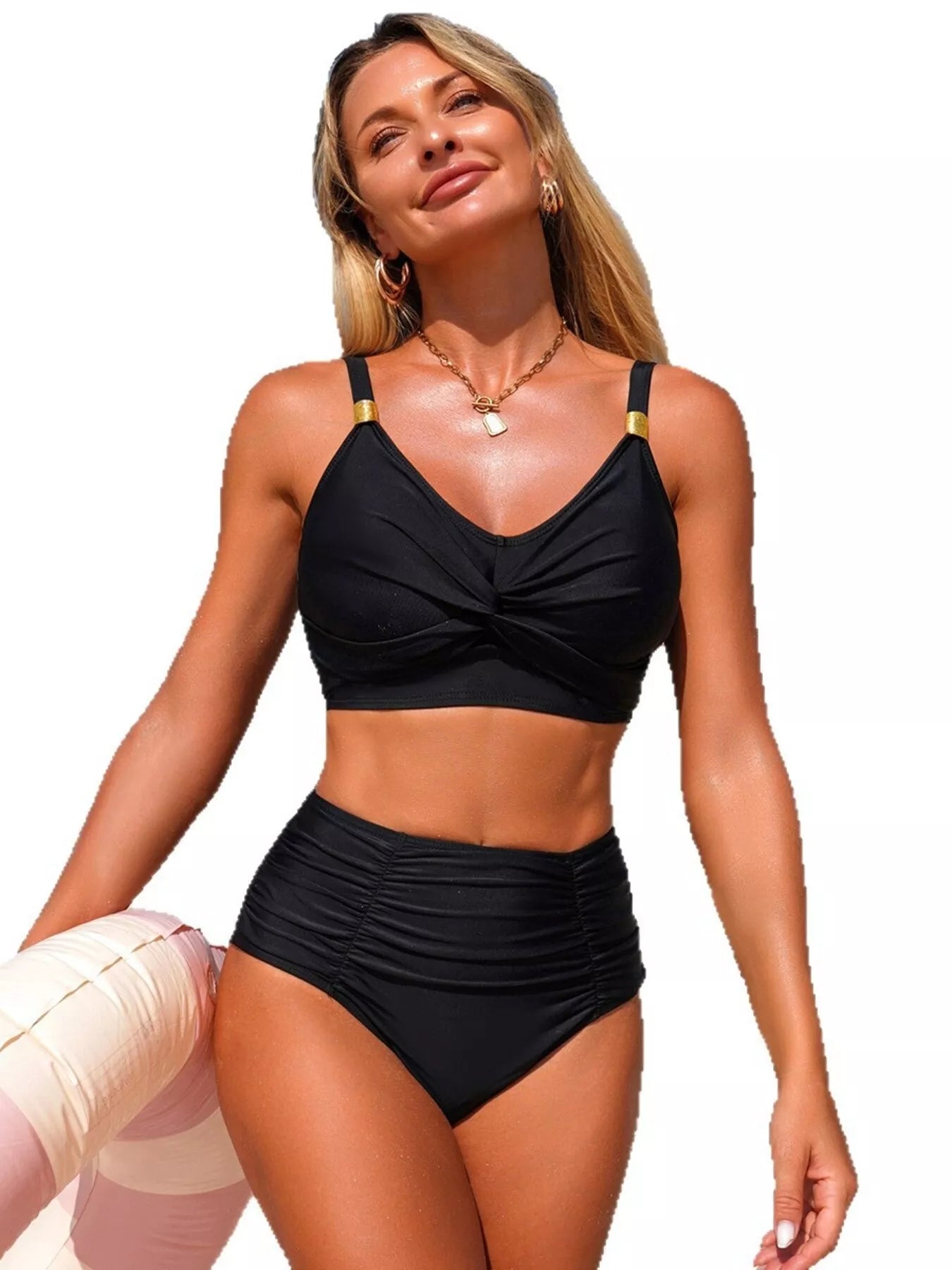 Black twisted-front bikini set with ruched high-waist bottoms and twist-detail bikini top