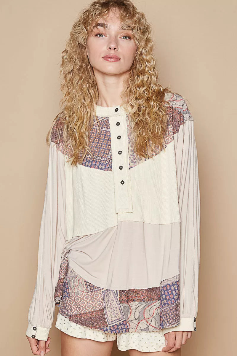 POL Half Button Balloon Sleeve Top with Printed Knit Contrast - Tigbul's Variety Fashion Shop