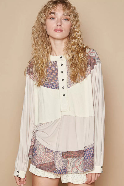 POL Half Button Balloon Sleeve Top with Printed Knit Contrast - Tigbul's Variety Fashion Shop