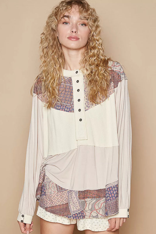 POL Half Button Balloon Sleeve Top with Printed Knit Contrast - Tigbul's Variety Fashion Shop