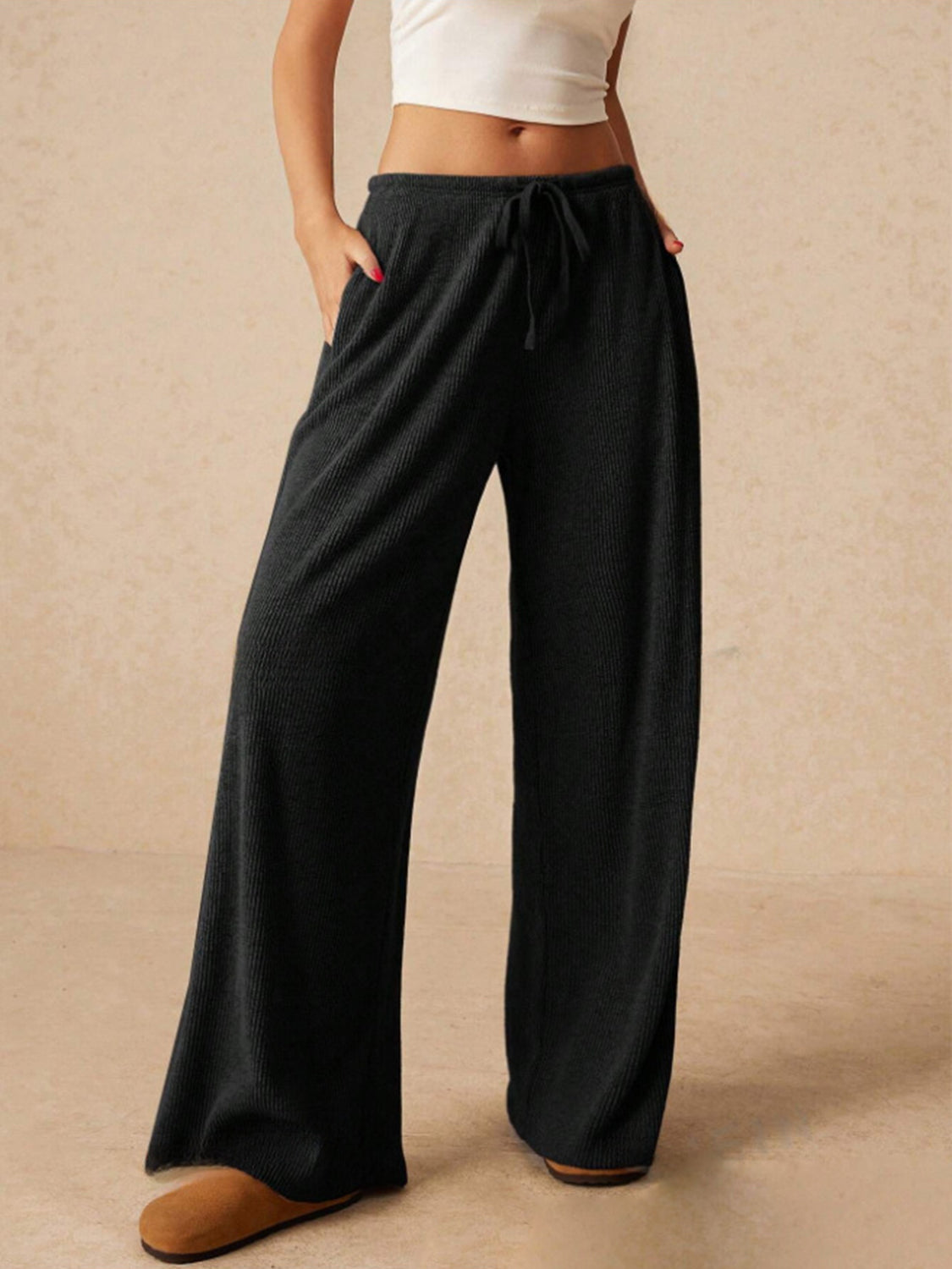 Ribbed Drawstring Wide Leg Pants - Tigbul's Variety Fashion Shop