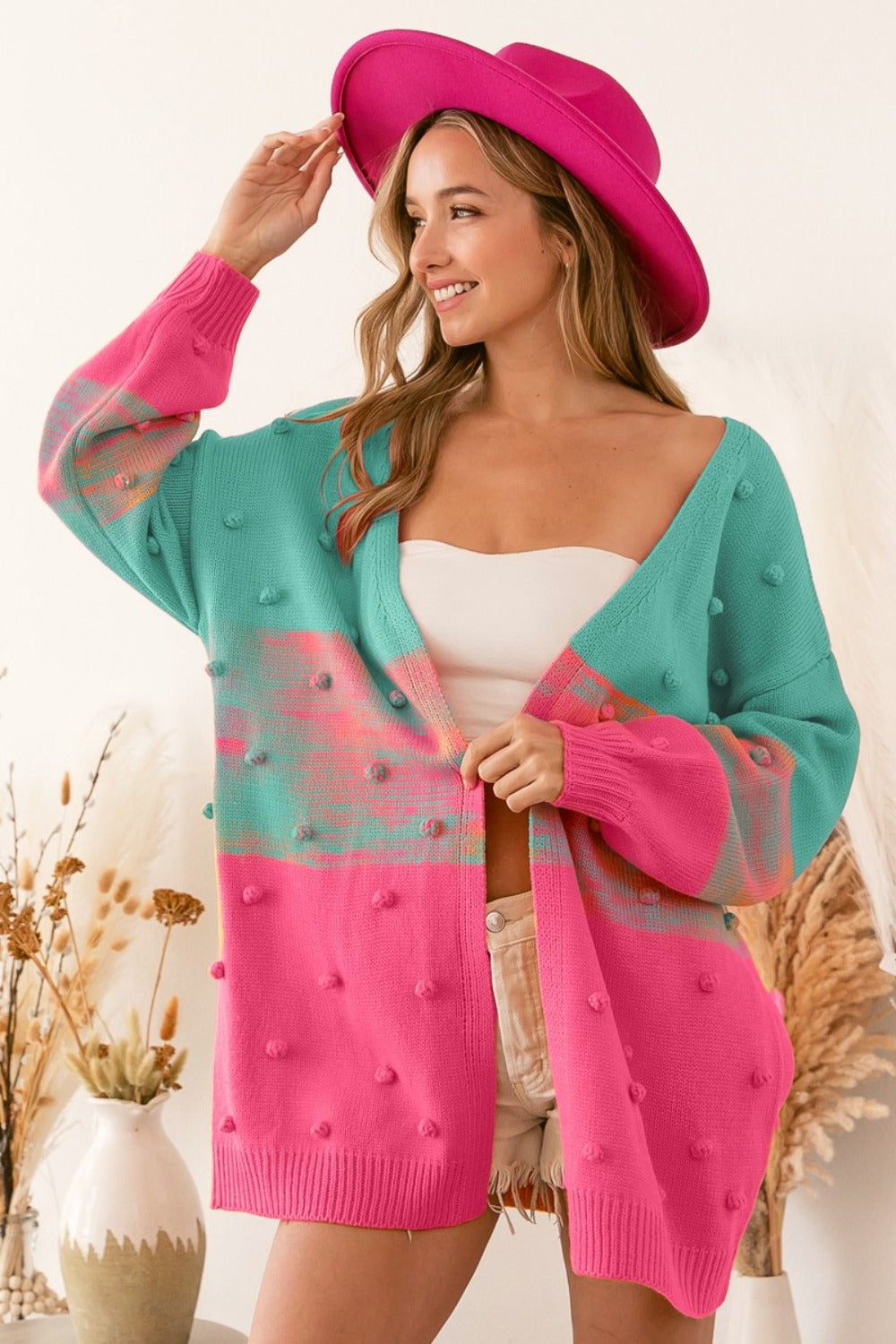 Pink/Turquoise Color Block Pom Pom Sweater Cardigan | Tigbuls