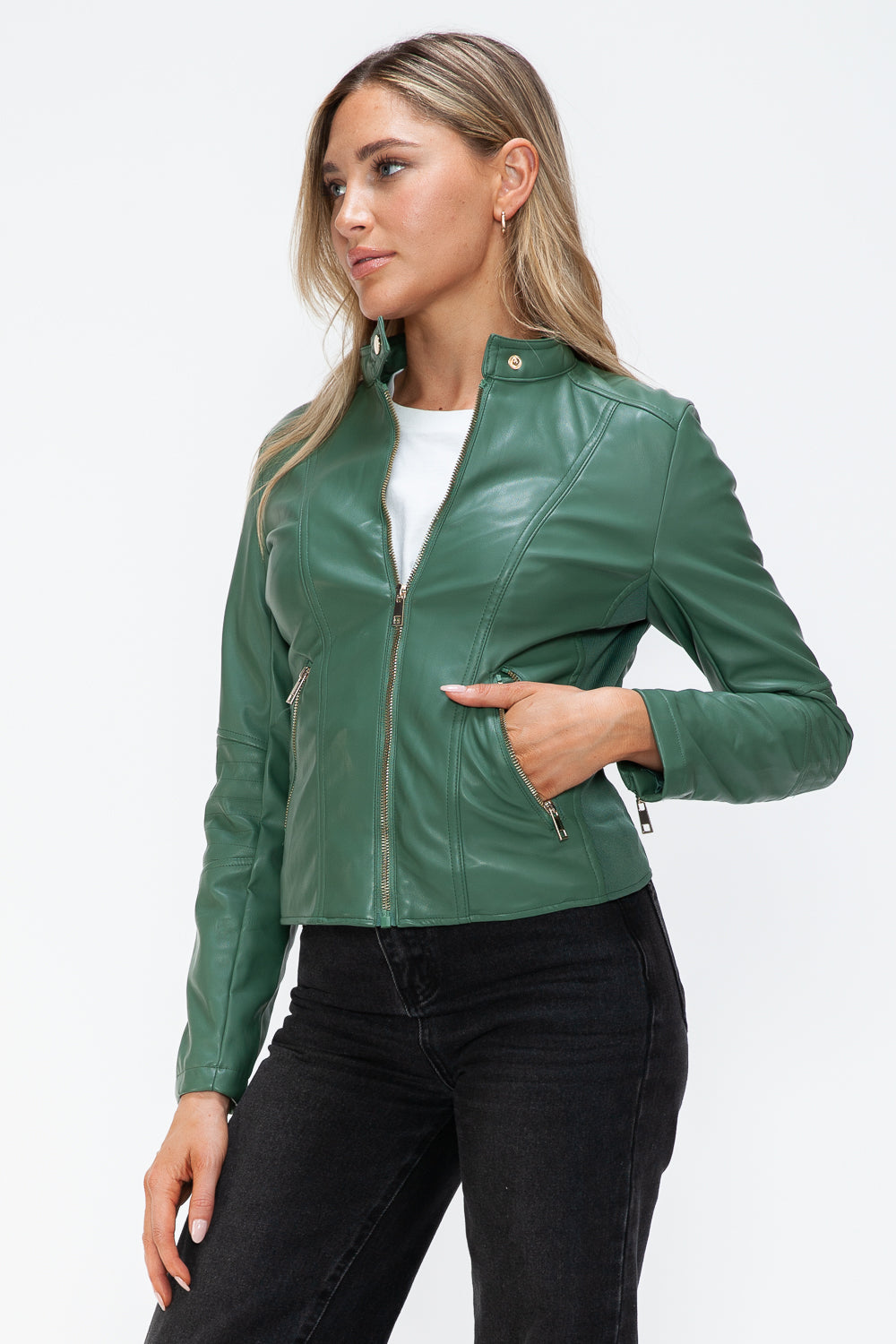 Faux Leather Zip Up Drawstring Hooded Jacket in Sage Green