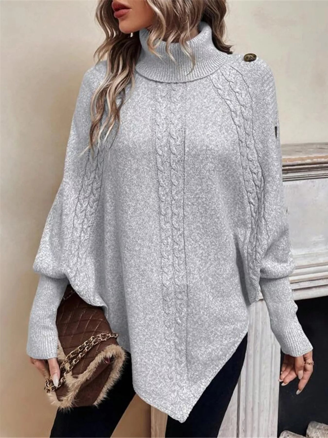 Cable Knit Turtleneck Cape Sweater - Tigbul's Variety Fashion Shop
