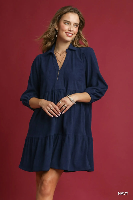 Umgee Tiered Corduroy Mini Dress with Balloon Sleeves - Tigbul's Variety Fashion Shop