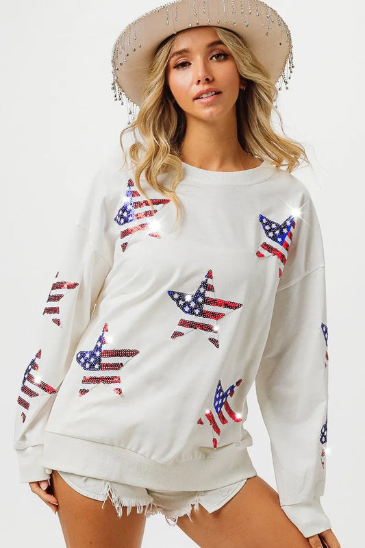 Off White American Flag Sequin Star Sweatshirt - Tigbul's Variety Fashion Shop