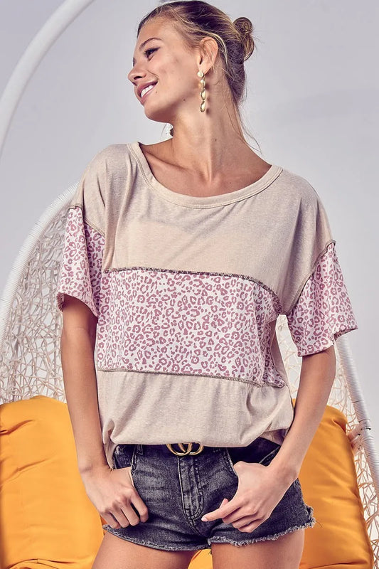 Triblend Knit with Leopard Block Out Stitching - Tigbul's Variety Fashion Shop