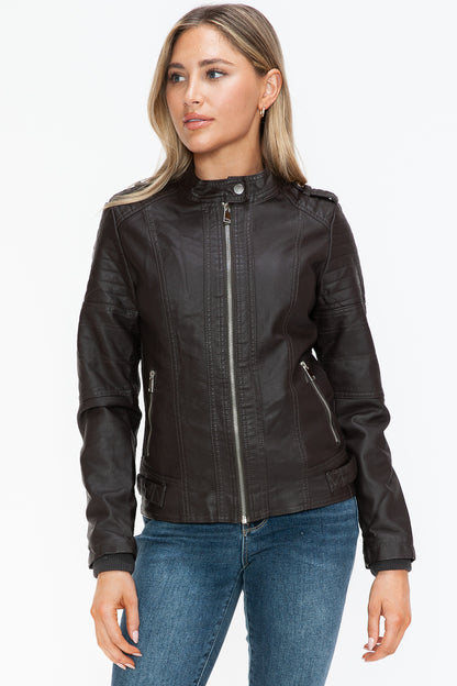 Brown PU Leather Biker Jacket with Side Zip Pockets