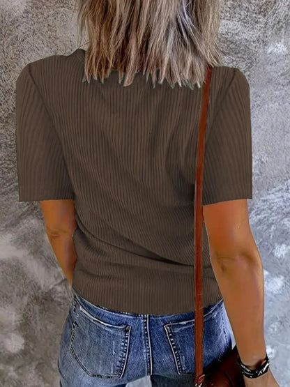 Solid V-Neck Short Sleeve T-Shirt - Tigbul's Variety Fashion Shop