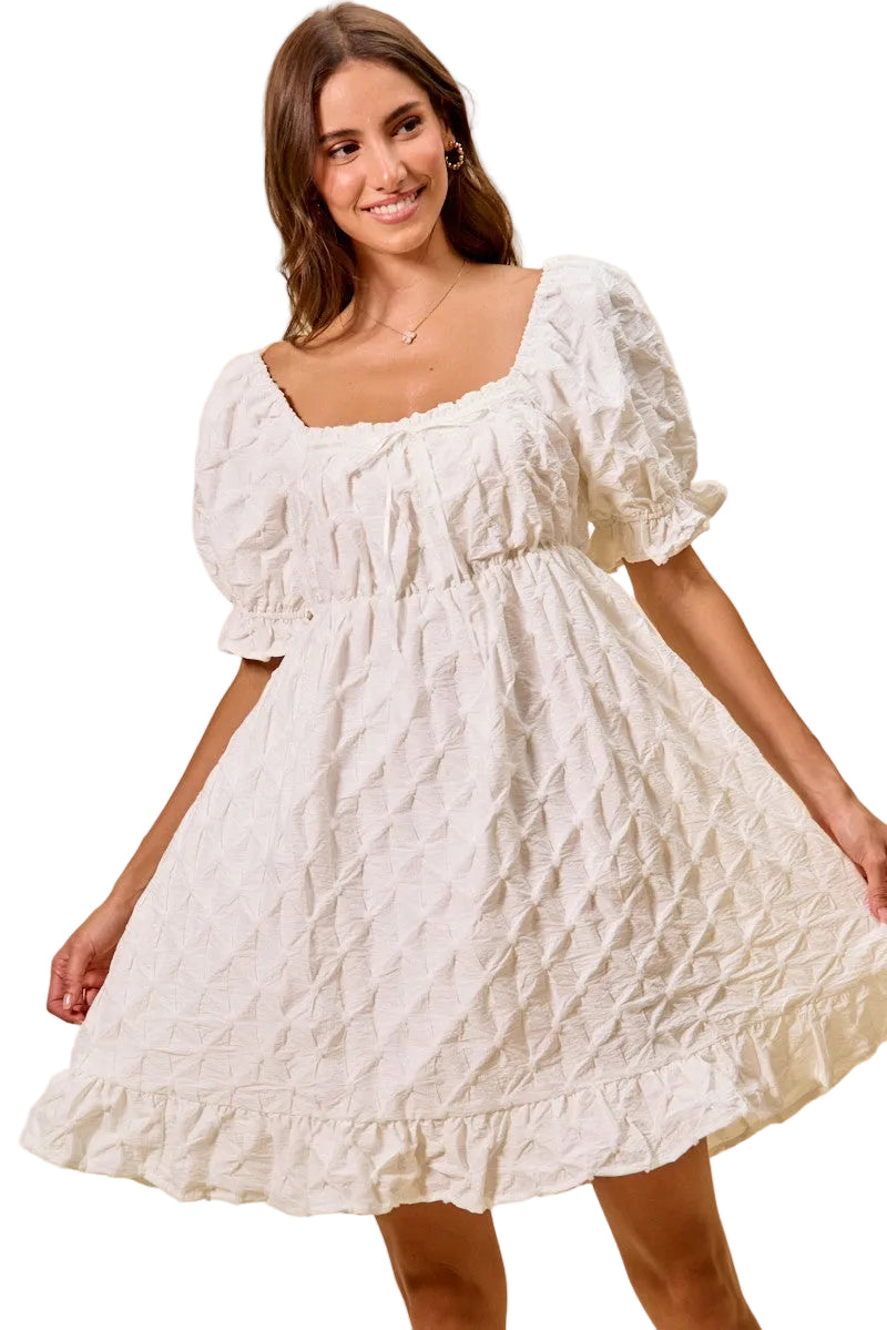 Off-white mini dress, textured woven ruching, square neckline and short puff sleeves
