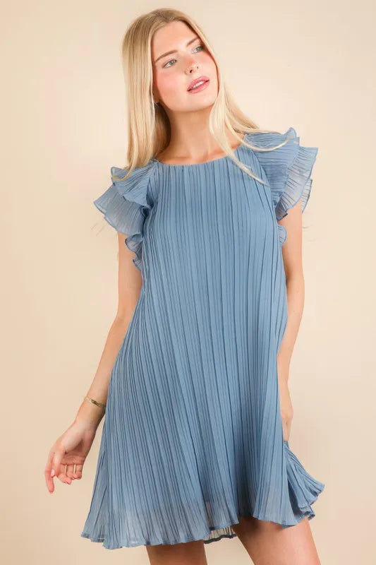 Blue Plus Size Ruffle Sleeve Pleated Woven Mini Dress - Tigbul's Variety Fashion Shop