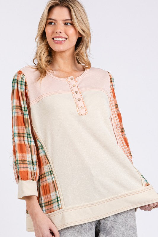 Pink Exposed Seam Button Detail Plaid Top - Tigbul's Variety Fashion Shop