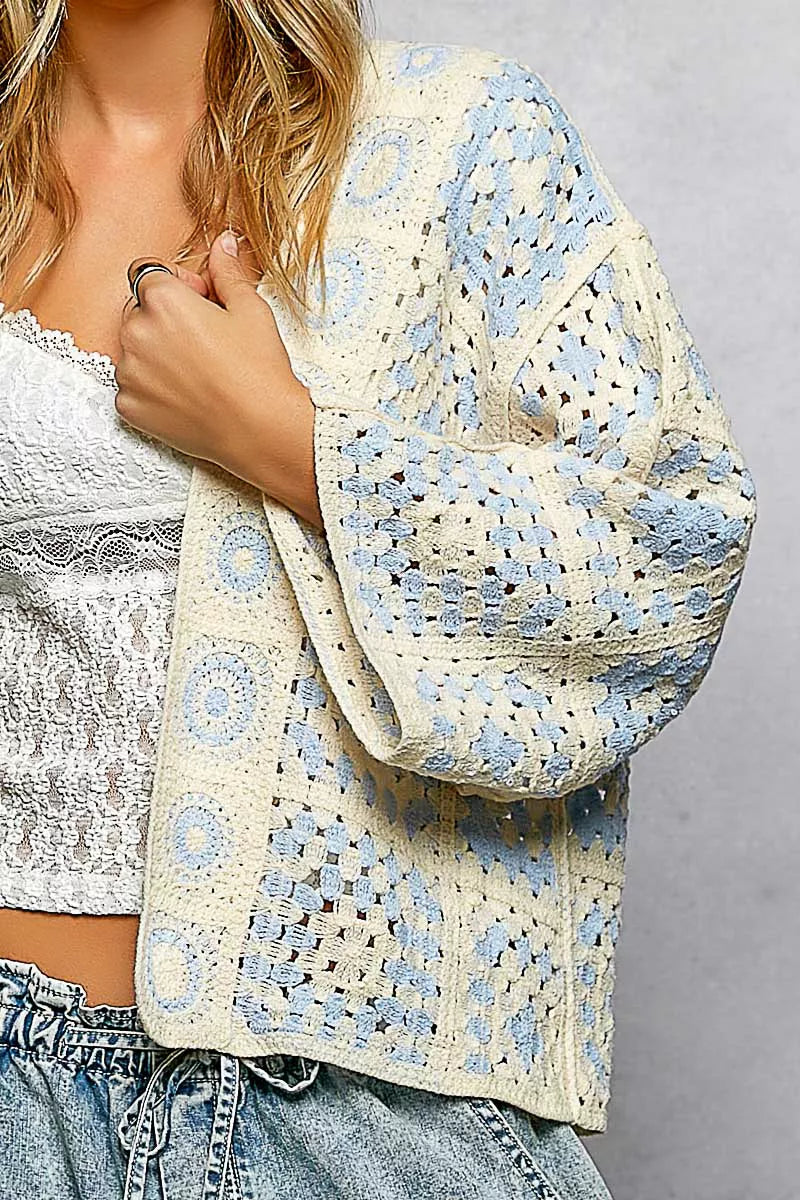 POL Open Front Crochet Cardigan with Granny Square Pattern - Tigbul's Variety Fashion Shop