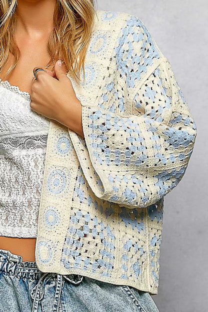 POL Open Front Crochet Cardigan with Granny Square Pattern - Tigbul's Variety Fashion Shop