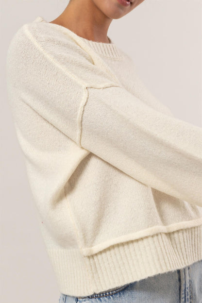 Round Neck Dropped Shoulder Ribbed Sweater In Cream - Tigbul's Variety Fashion Shop