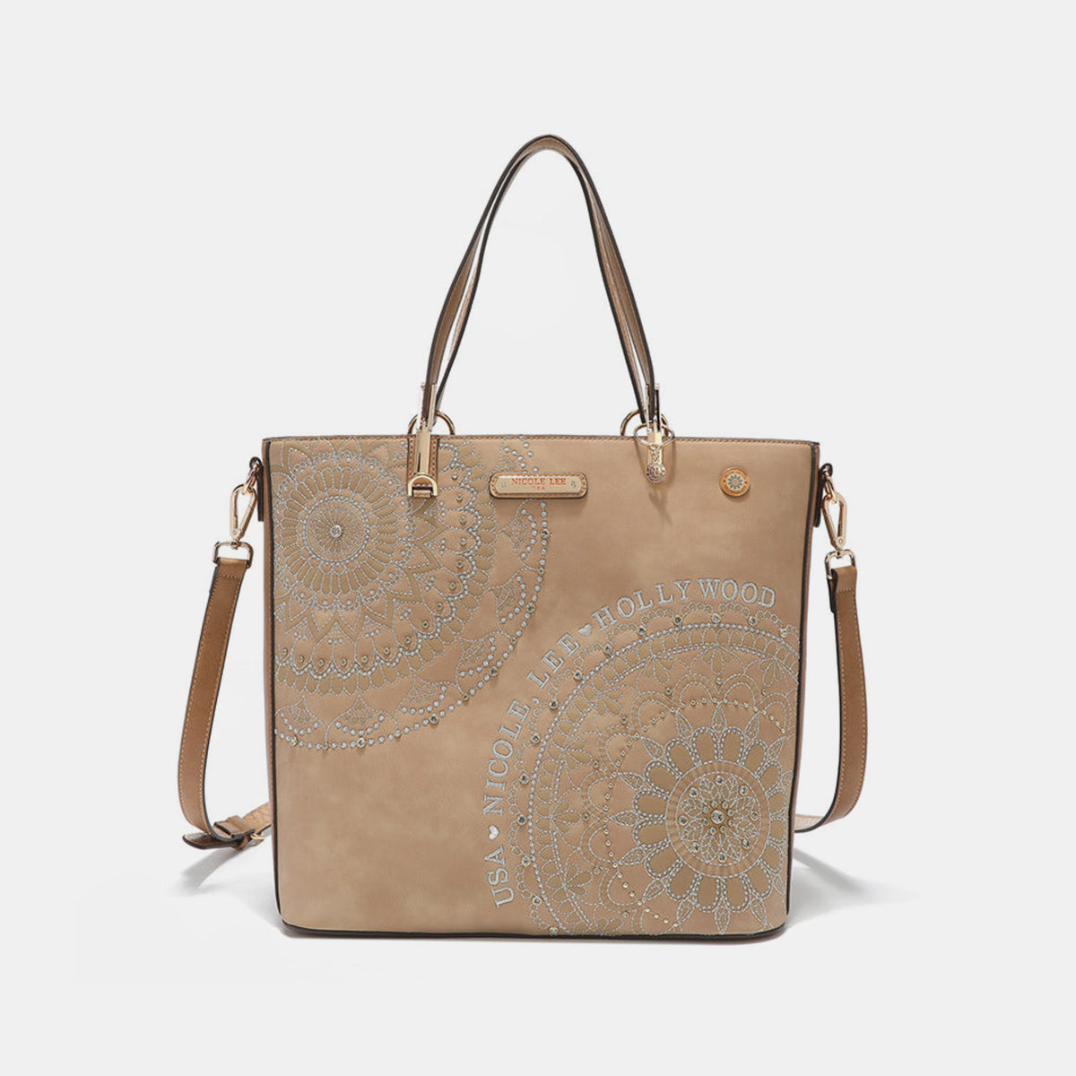 Nicole Lee USA Metallic Stitching Embroidery Inlaid Rhinestone Tote Bag - Tigbul's Variety Fashion Shop