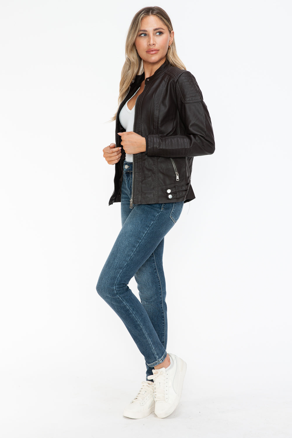 Chocolate Faux Leather Biker Jacket with Side Zip Pockets