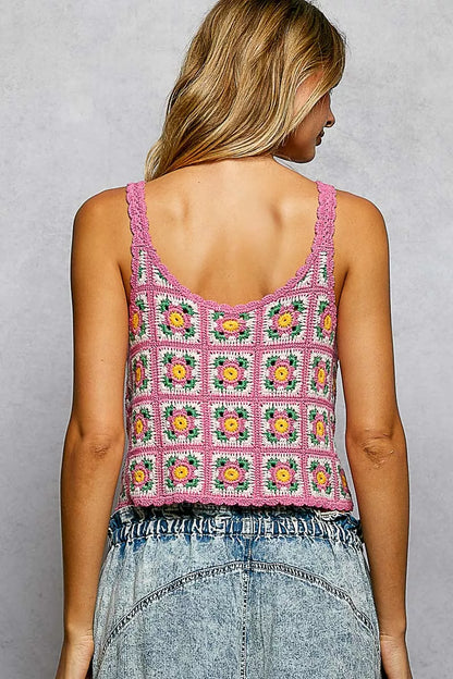 POL Scalloped Edge Cropped Crochet Cami with Granny Square Pattern - Tigbul's Variety Fashion Shop
