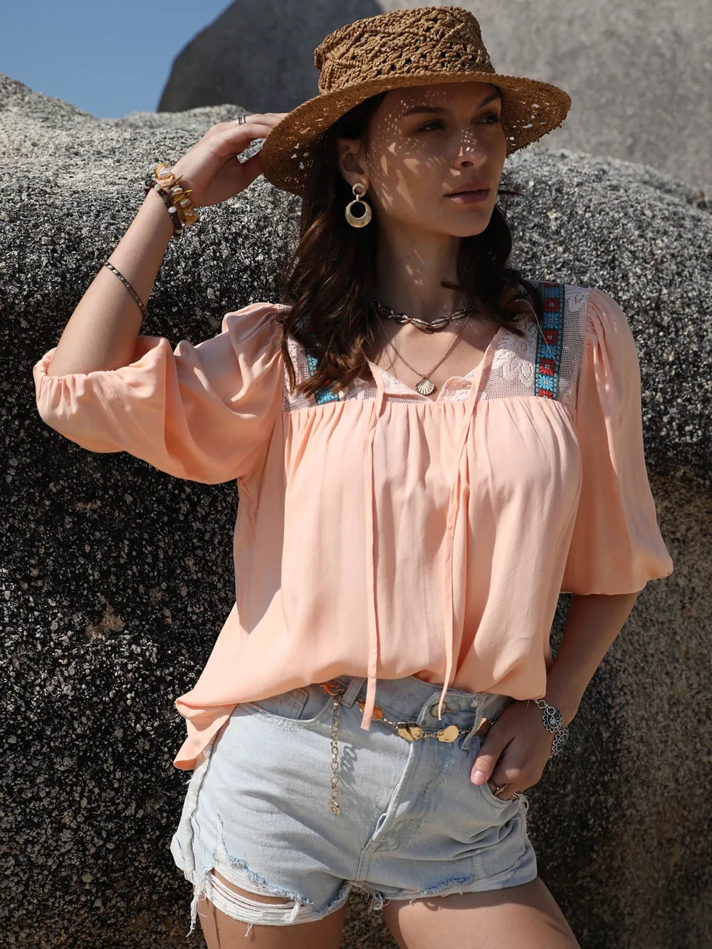 Tie Neck Half Sleeve Blouse - Tigbul's Variety Fashion Shop