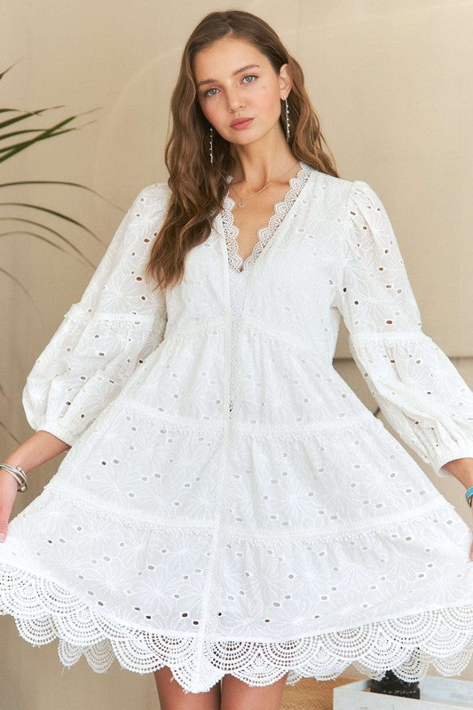 White Lace Detail Tiered Eyelet V-Neck Babydoll Dress - Tigbul's Variety Fashion Shop