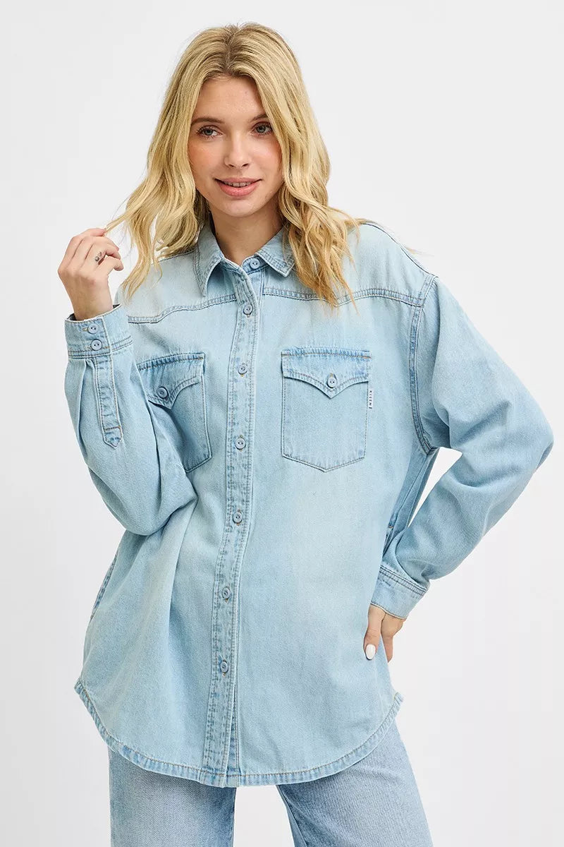 Light blue denim western yoke relaxed fit shirt, point collar and flap pockets