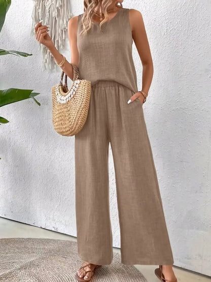 Round Neck Tank and Wide Leg Pants Set - Tigbul's Variety Fashion Shop