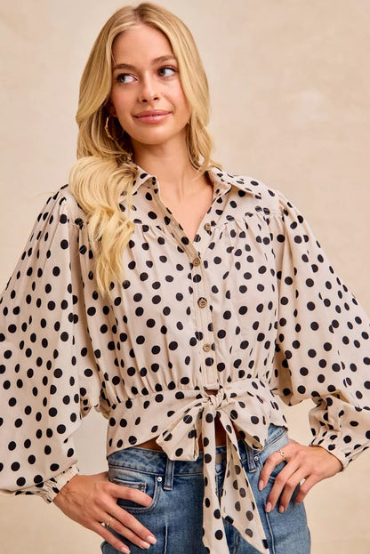 BiBi Polka Dot Print Tie Hem Detail Crop Shirt - Tigbul's Variety Fashion Shop