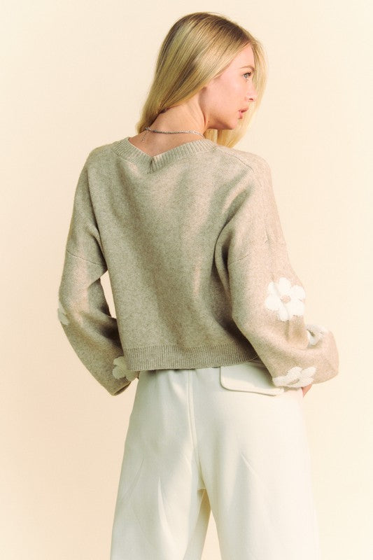 Tan Floral Drop Shoulder Cropped Sweater - Tigbul's Variety Fashion Shop