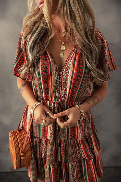 Bohemian Floral Print Buttoned V Neck Ruffle Tiered Dress - Tigbul's Variety Fashion Shop